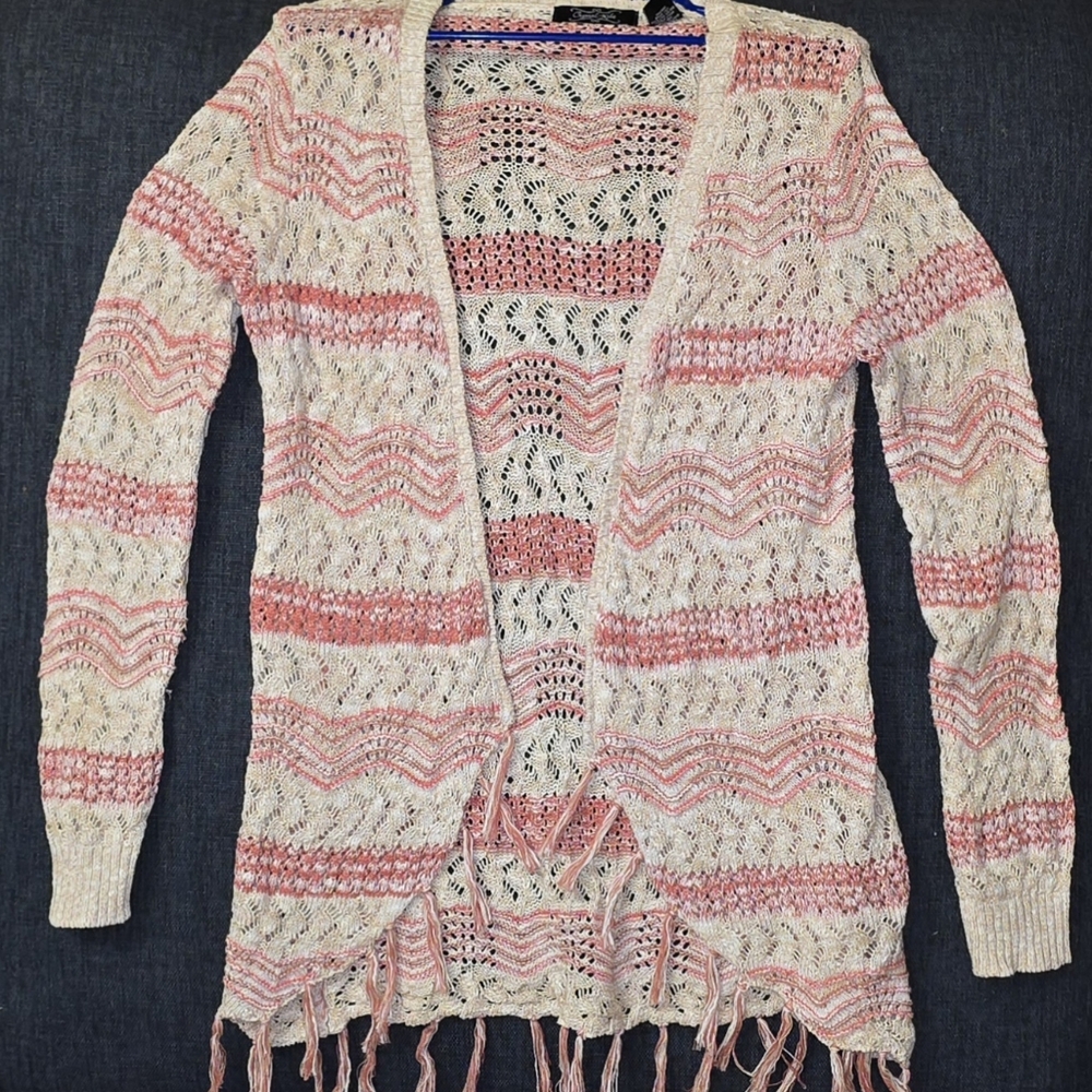 Crystal Kobe Fringed Cardigan Boho Cottage Core. Coral,Sand, White. Size Medium